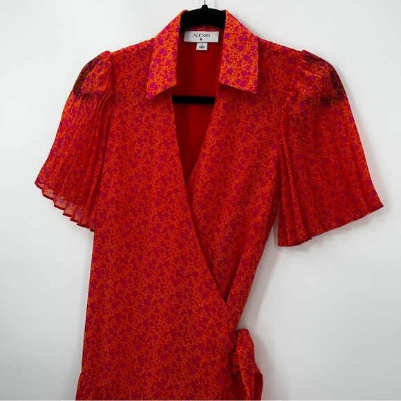 Alexis X Target Wrap Mini Pleated Dress Orange Floral Flower Flutter Sleeve - Picture 6 of 13